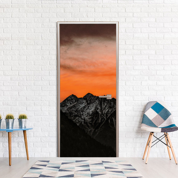 Door Sticker Cover Ideas Sunrise Mountain Red Sky printed Wallpaper